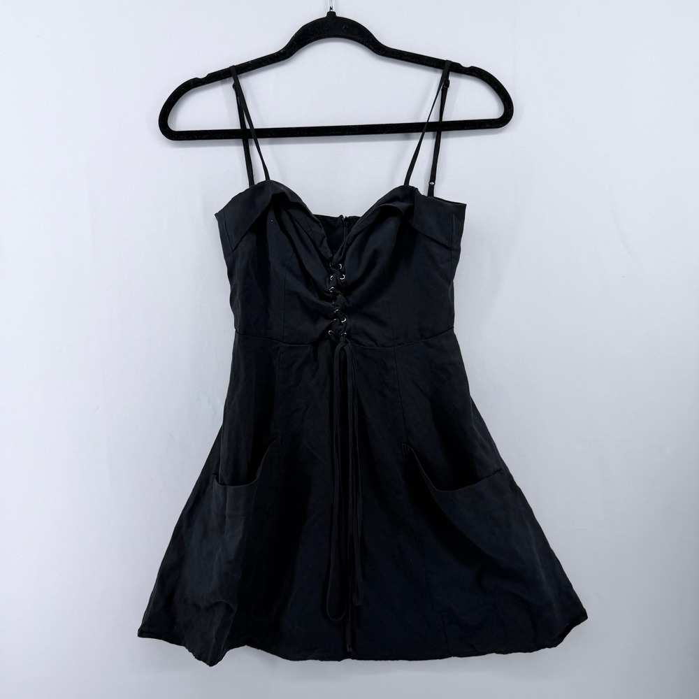 Reformation Black Tencel Lace Up Mini Dress Adjustable‎ Straps Pockets Size 4